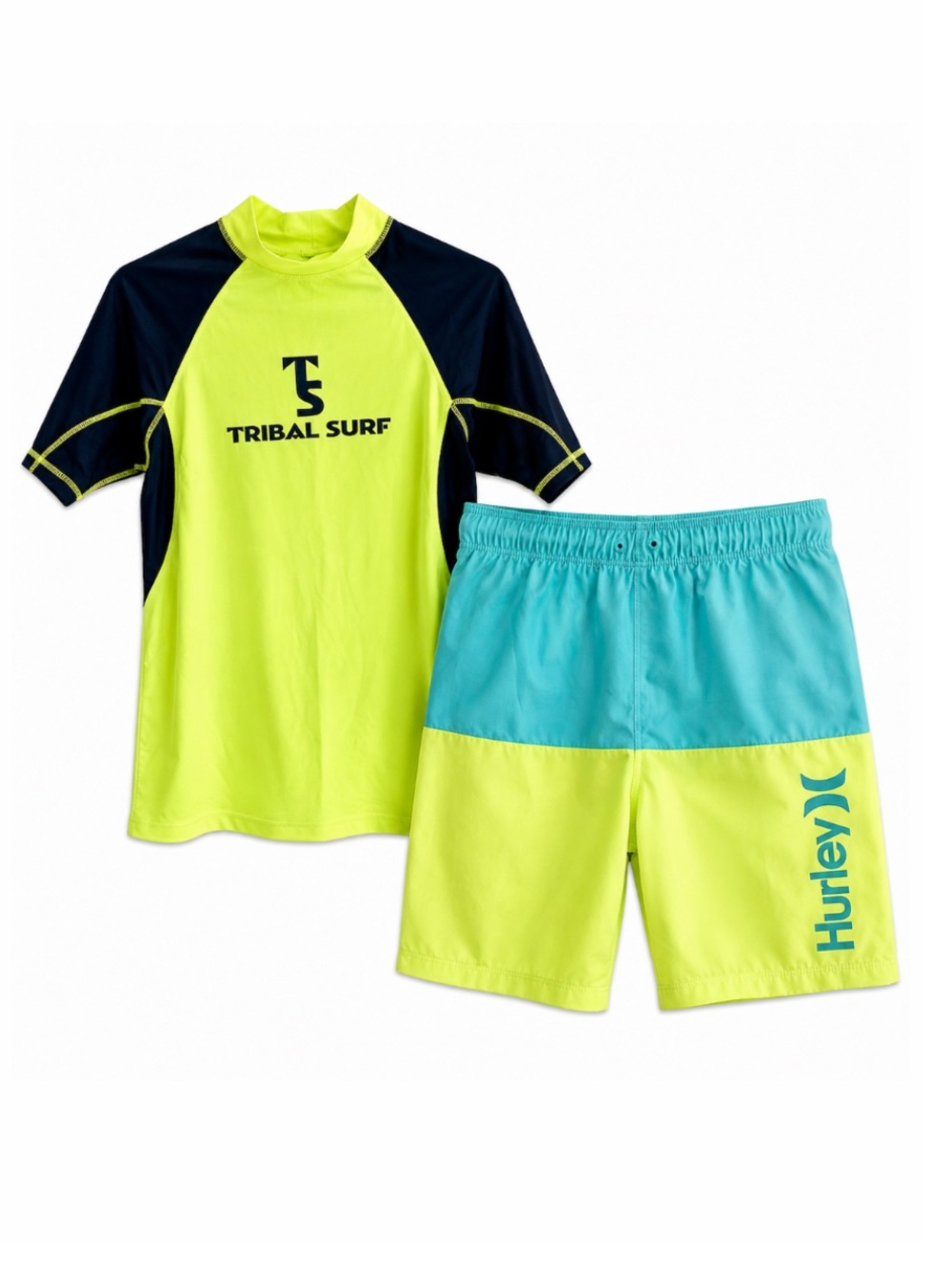 Boys Large Swim Bundle Short Sleeve Rashguard and Swimsuit Neon Yellow